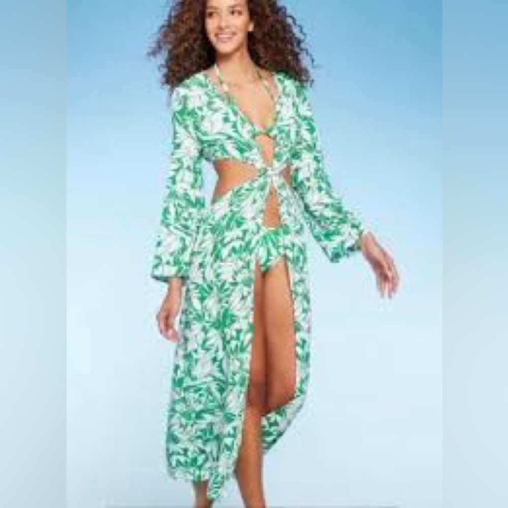Shade & Shore Green and White Leaf-Print Long Sleeve Maxi Dress with Tie Front
